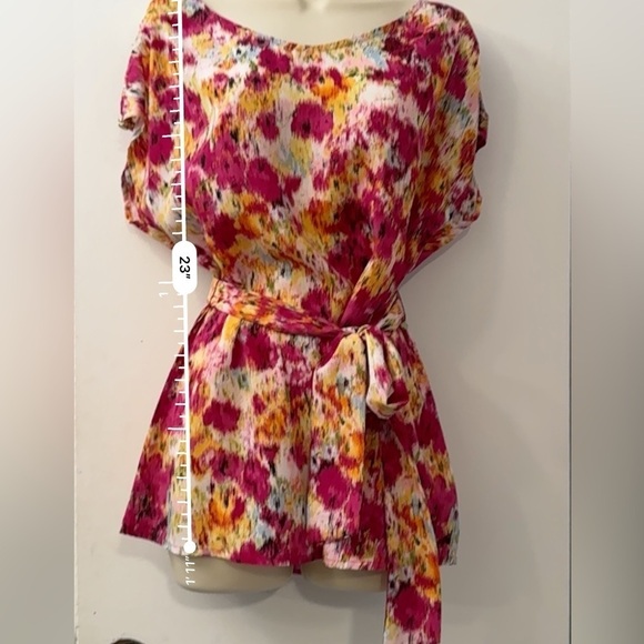 Como M Abstract Floral Belted Tunic Top, Vibrant Pink Yellow Print, Size M - Picture 11 of 11